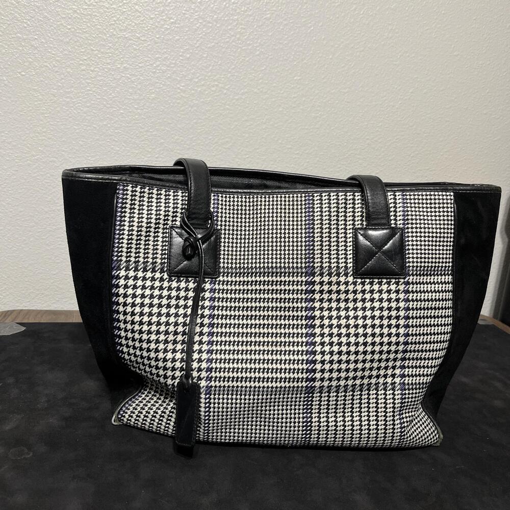 Ralph Lauren Wool Suede Tote Bag Womens Black Watch Houndstooth Satchel Vintage